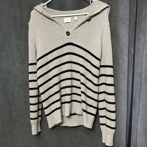 Cyrus Beige and Black Striped V-Neck Sweater